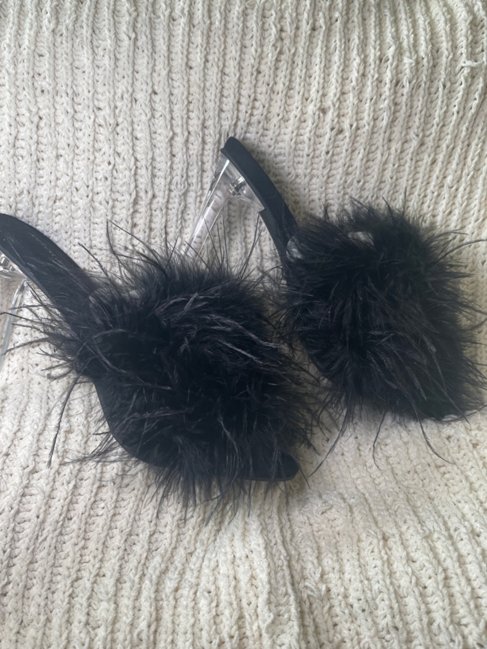Jeffrey Campbell Black Faux Fur Slide Heels with Lucite Block Heel